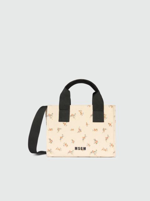 MSGM Ecru canvas micro tote with print and contrasting handles