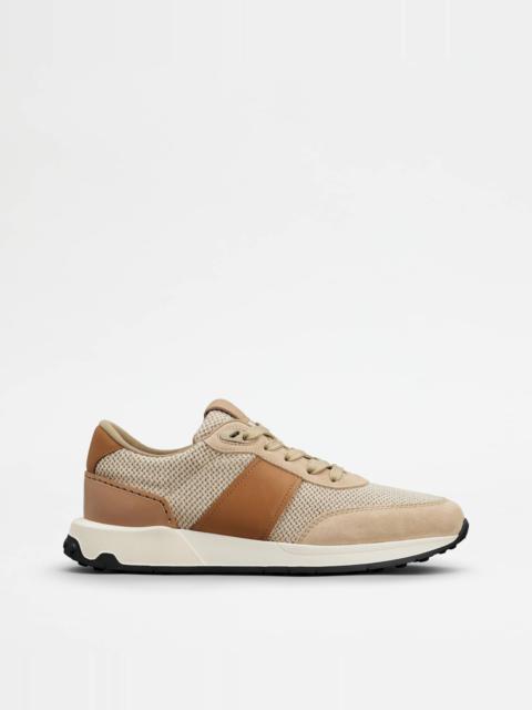 Tod's SNEAKERS IN LEATHER AND TECHNICAL FABRIC - BROWN