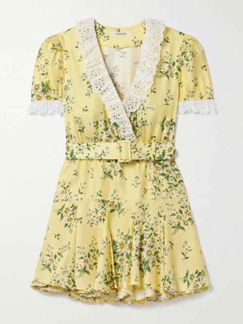 RODARTE Belted Broderie Anglaise Cotton-trimmed Floral-print Silk-twill Mini Dress