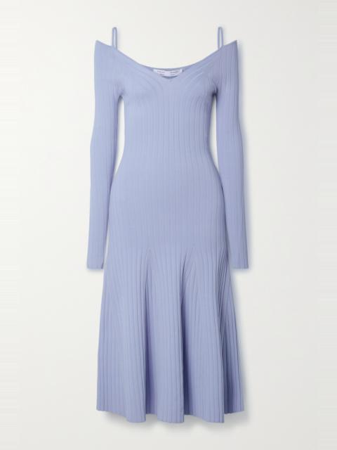 Cold-shoulder ribbed-knit midi dress