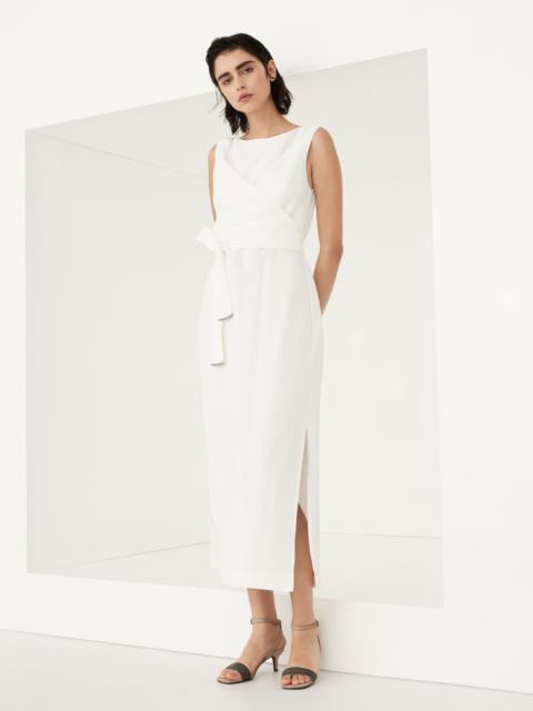 Viscose and linen fluid twill belted wrap dress and monili