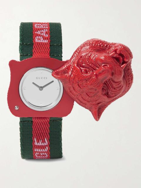 GUCCI Tiger's Head Resin and Grosgrain Watch