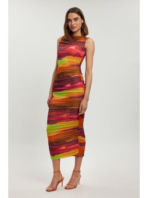 KAREN MILLEN Marbled Printed Mesh Ruched Jersey Maxi Dress