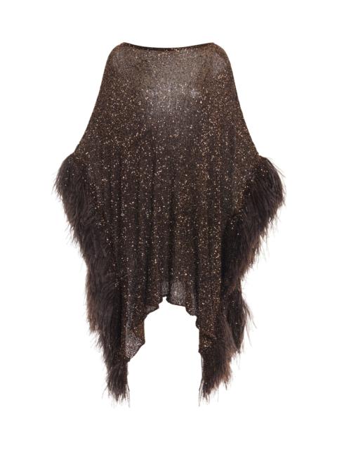 Feather-Trimmed Paillette Poncho brown