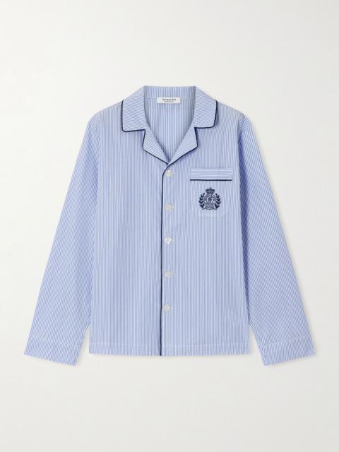 Sporty & Rich Embroidered striped cotton-poplin pajama shirt Blue