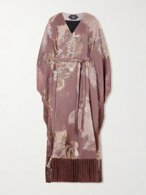Taller Marmo Dawn Royale Belted Fringed Embellished Crepe Kaftan