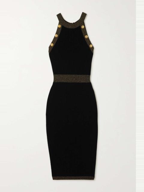 Balmain Button-embellished metallic ribbed-knit midi dress