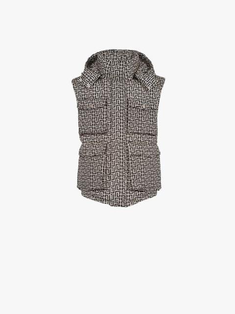 Balmain Ivory and black nylon quilted vest with Balmain monogram and hood