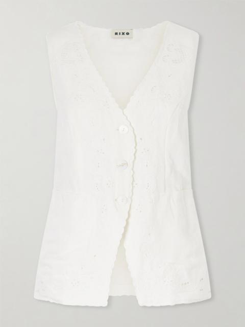 RIXO Jesse Broderie Anglaise Linen-blend Top