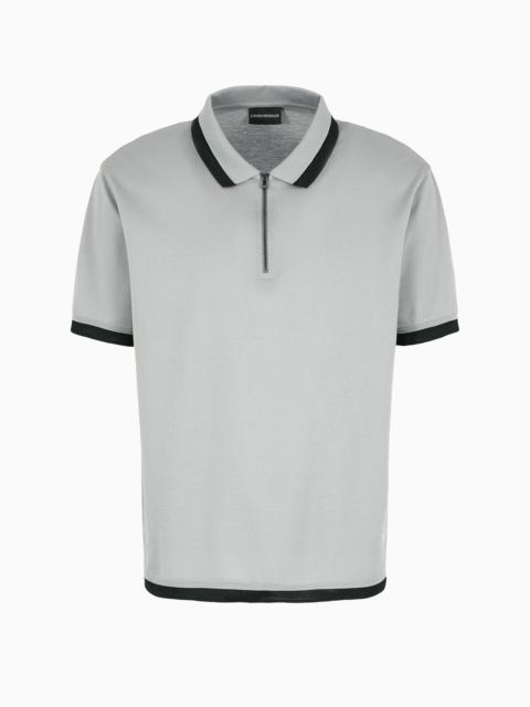 Mercerized piqué polo shirt with zipper and contrasting trim