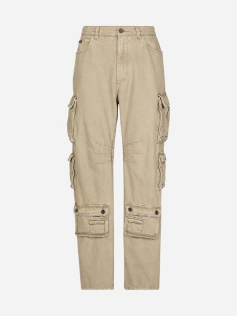 Multi-pocket stretch denim cargo pants