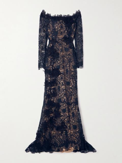 Oscar de la Renta Off-the-shoulder Appliquéd Guipure Lace Gown