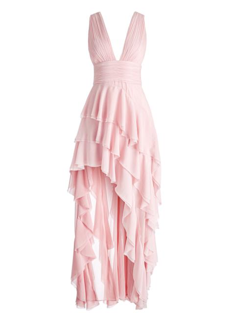 Alice + Olivia HOLLY LOW NECK ASYMMETRIC RUFFLED MAXI DRESS