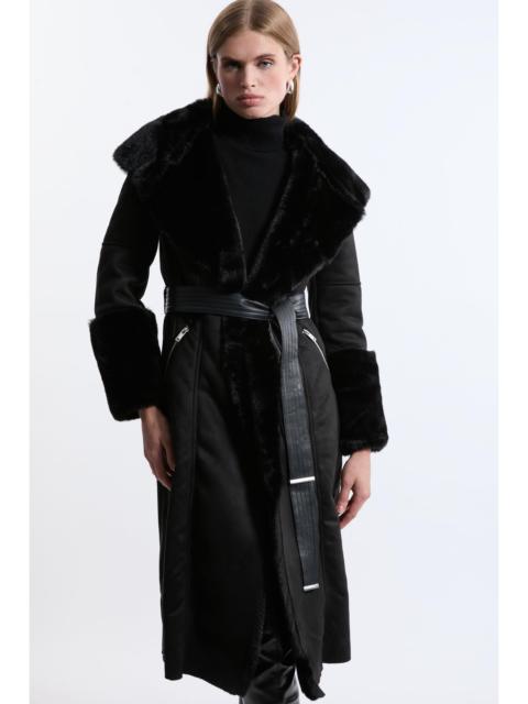 KAREN MILLEN Faux Shearling Collar & Cuff Belted Midi Coat