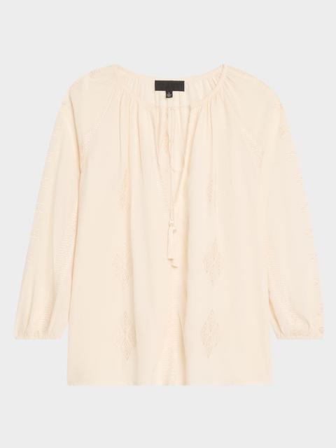 NILI LOTAN Cristo Embroidered Silk V-Neck Blouse