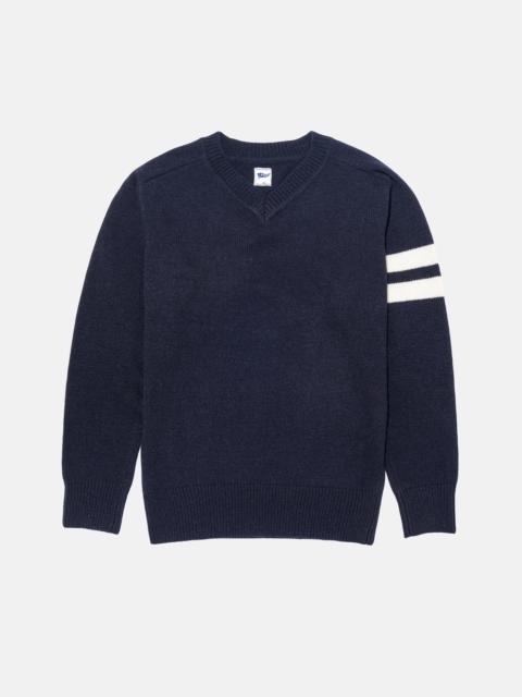NAVY WOOL SLEEVE STRIPE V-NECK SWEATER - TRIM FIT
