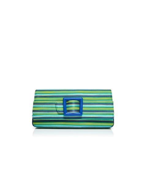 Manolo Blahnik Blue and Green Cotton Striped Buckle Clutch