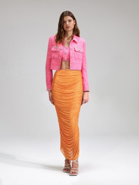 self-portrait Orange Rhinestone Mesh Midi Skirt