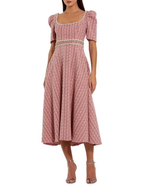 MAC DUGGAL Women's Beaded Puff-Sleeve Boucle Midi-Dress - Pink Multi