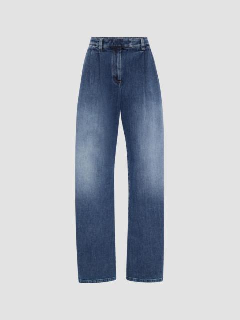 Brunello Cucinelli Women's Comfort Cotton Denim Loose Curved Trousers with Monili - Medium Denim