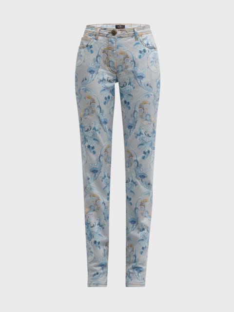 Etro Mid-Rise Etch Paisley Skinny Jeans