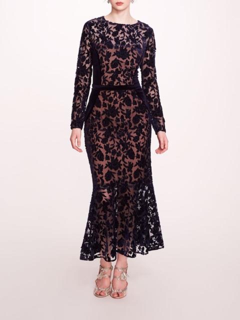 Marchesa LONG SLEEVE VELVET MIDI DRESS