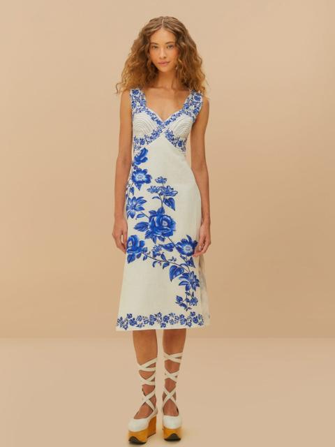 FARM RIO Off-White Floral Cascade Wavy Euroflax™ Premium Linen Midi Dress