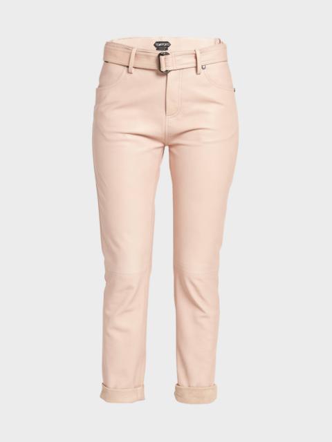 Belted Leather Straight-Leg Ankle Boyfriend Pants