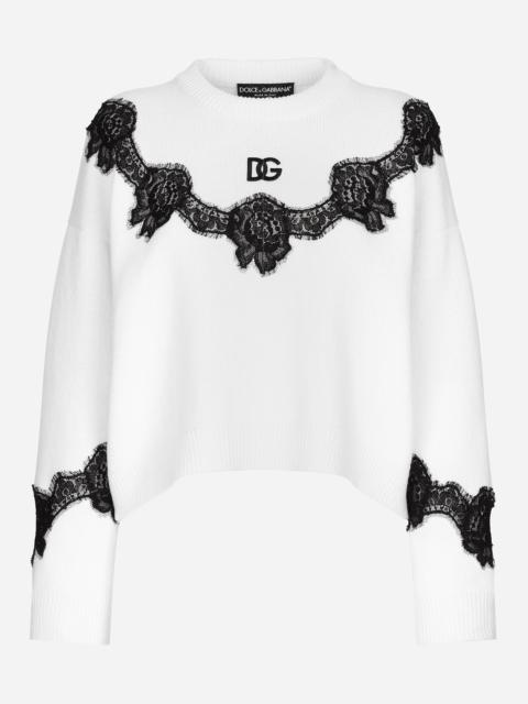 Dolce & Gabbana Wool sweater with DG logo and lace inserts