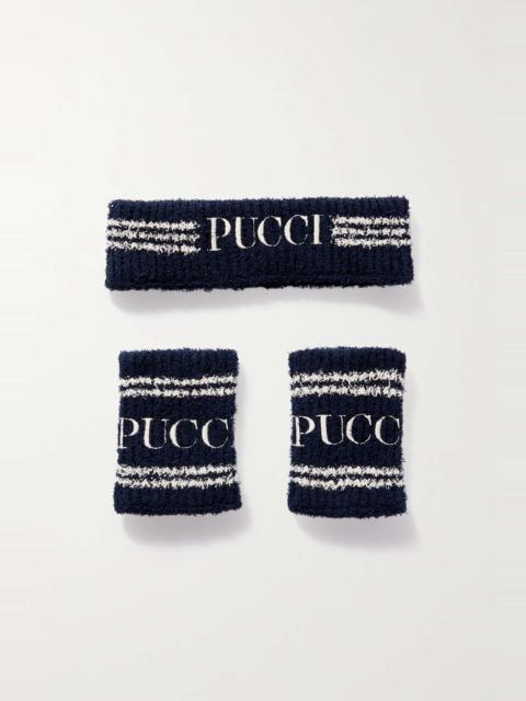 Embroidered ribbed cotton-blend headband and wristband set