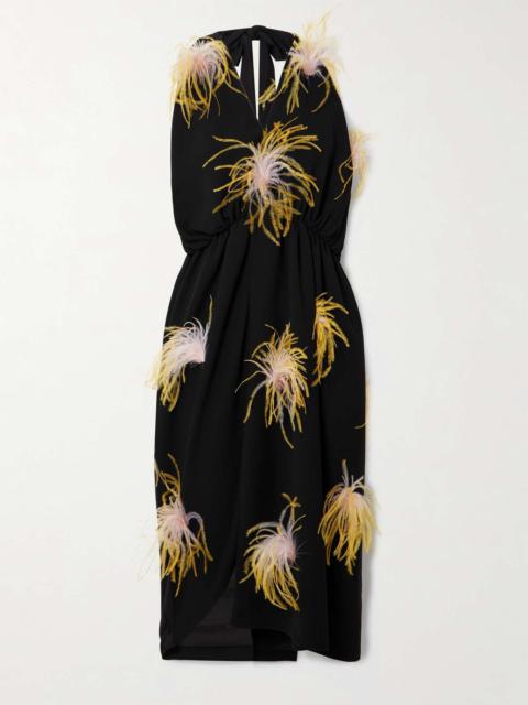 16ARLINGTON Vide asymmetric feather-trimmed gathered crepe halterneck dress Black