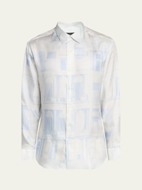 Brioni Men's Palace-Print Silk Dress Shirt