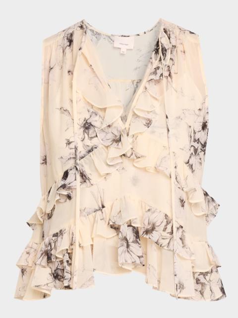 Cinq à Sept Hand-Sketched Floral Ruffle Blouse