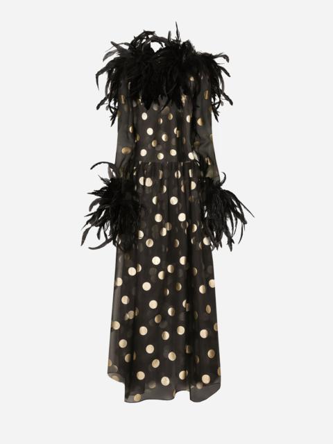 Dolce & Gabbana Long polka-dot silk organza dress with feathered details