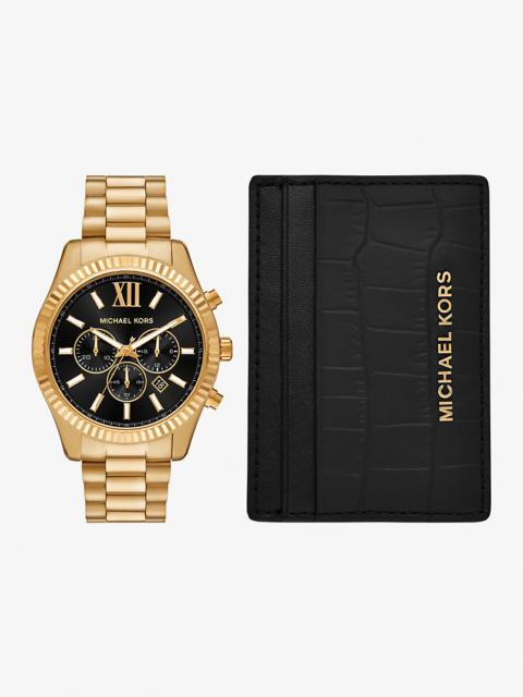 MICHAEL KORS Oversized Lexington Gold-Tone Watch and Crocodile Embossed Leather Card Case Gift Set