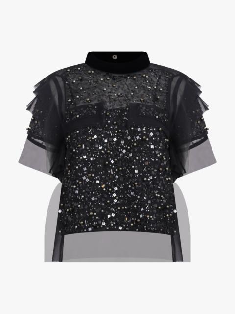 sacai SEQUIN EMBROIDERY SHEER S/S TOP | BLACK