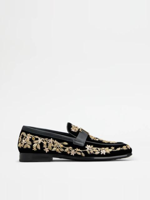 Tod's T TIMELESS LOAFERS IN VELVET AND LEATHER - BLACK, GOLD