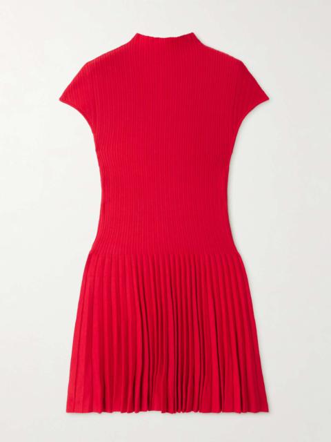 Pleated ribbed cotton mini dress Red