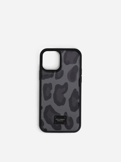 Dolce & Gabbana Dauphine calfskin iPhone 12 Pro cover with leopard print against a gray background