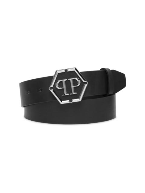 hexagonal logo-buckle leather belt