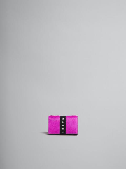 PINK LONG-HAIR CALFSKIN TRIFOLD WALLET WITH LOGO STRAP