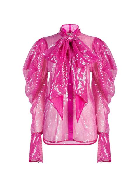 semi-sheer sequinned pussy-bow shirt
