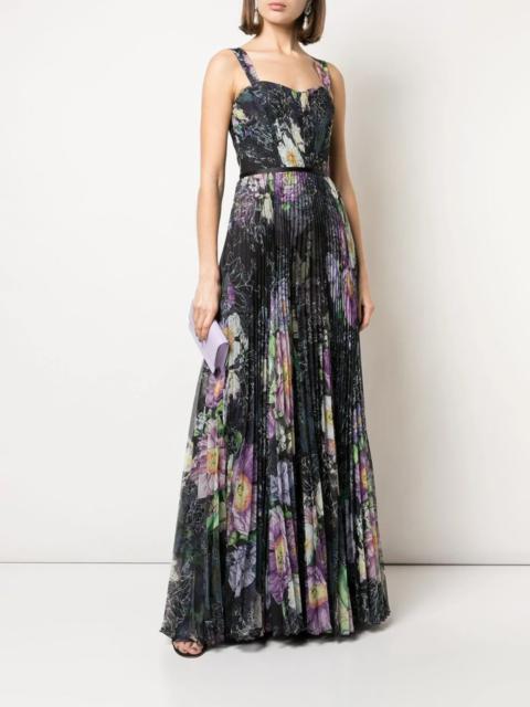 Marchesa FLORAL PRINT PLEATED GOWN