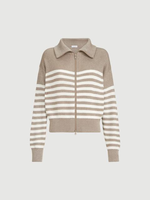 Brunello Cucinelli Sparkling cotton striped English rib cardigan with zipper and monili