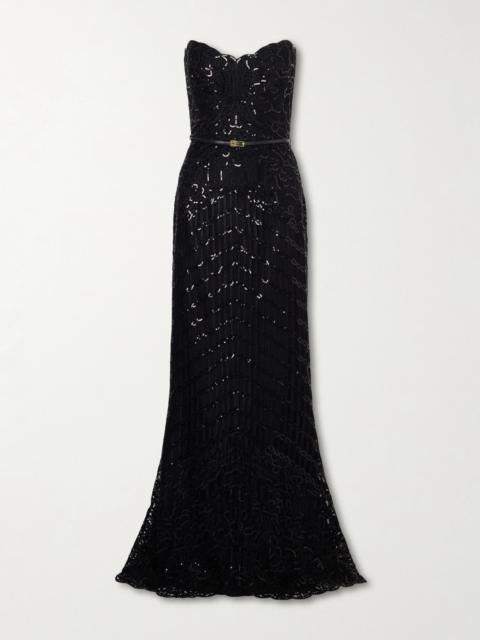ELIE SAAB Strapless Sequined Silk And Ramie-blend Tulle Gown