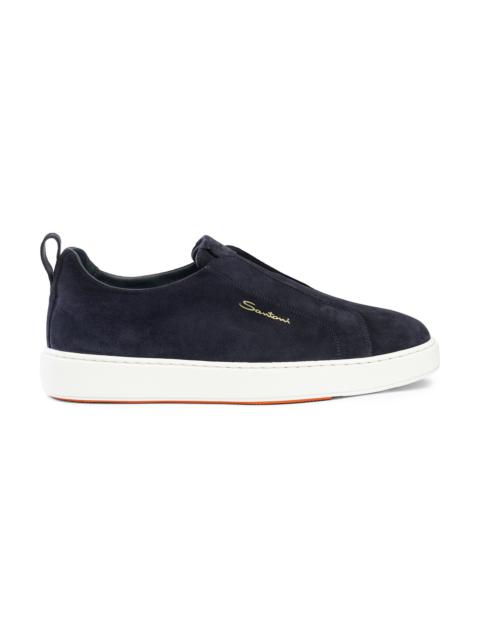 Santoni Men's blue suede slip-on sneaker