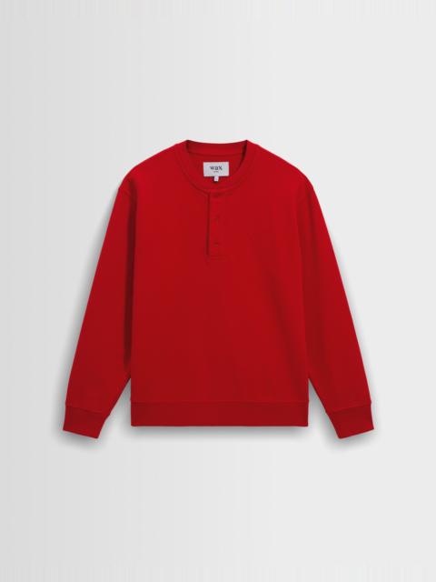 Wax London Bedford - Washed Red Loopback Organic Cotton Henley Sweatshirt
