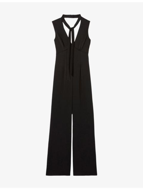 Claudie Pierlot Sleeveless Tie-Neck Satin Jumpsuit