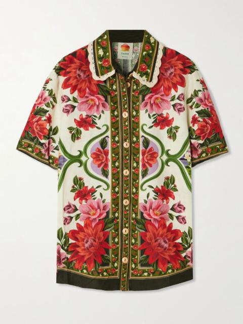 FARM RIO Wonder Rio crochet-trimmed printed linen-blend shirt White