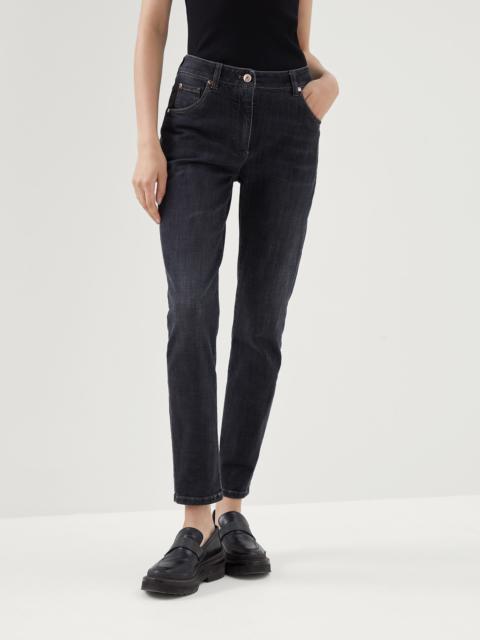 Brunello Cucinelli Stretch denim slim trousers with shiny leather tab